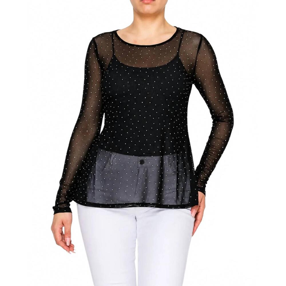 NEW ORIGAMI long sleeve mesh top with sparkles in black